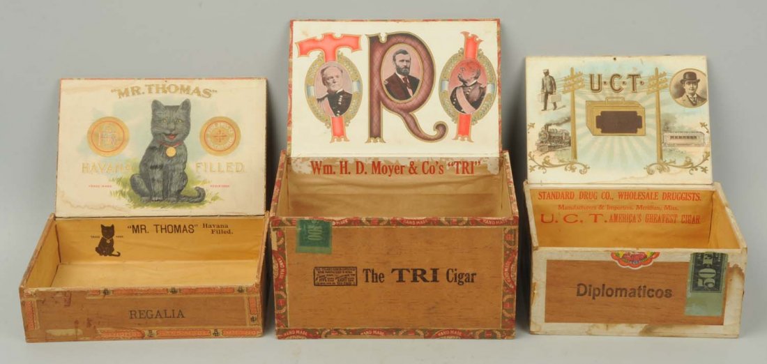 Lot of 3: Cigar Boxes.: Includes Mr. Thomas, TRO, and VCT. Condition (Very Good). Size Largest : 10 -1/2" L.