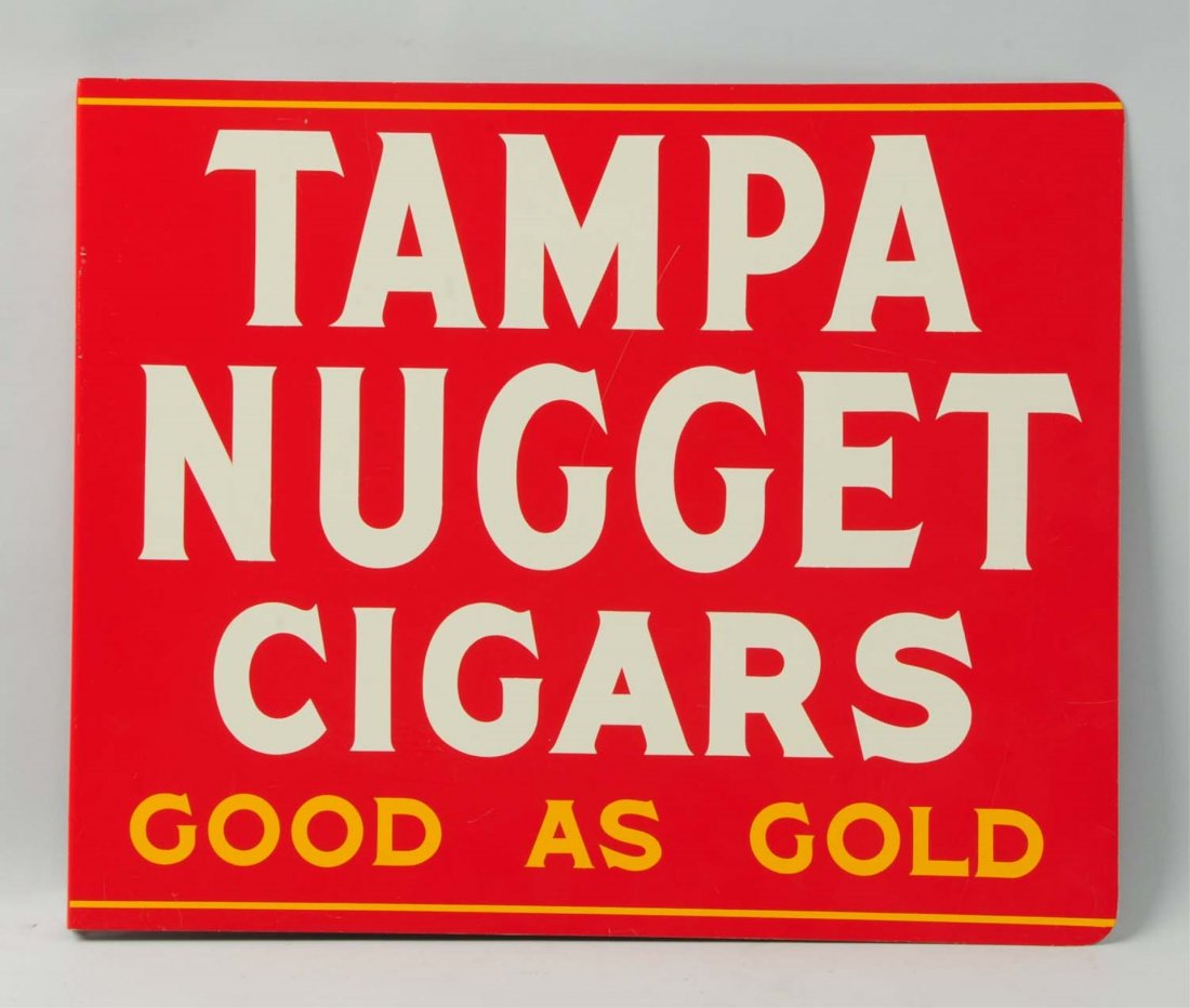1962 Tampa Nugget Cigars Tin Flange Sign.: A few very light surface scratches only. Condition (Near Mint). Size 25" x 20" .