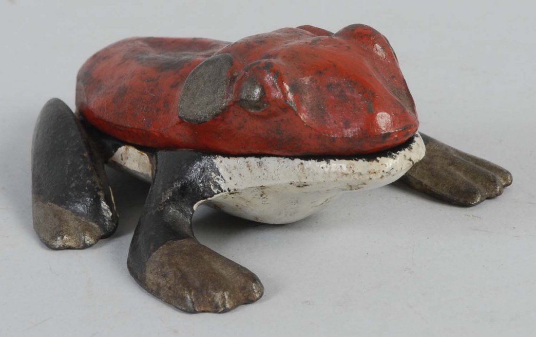 Lot of 2: Cast Iron Frog Doorstop & Match Safe.: Match safe has been repainted. Condition (Good). Size Largest: 7" L.