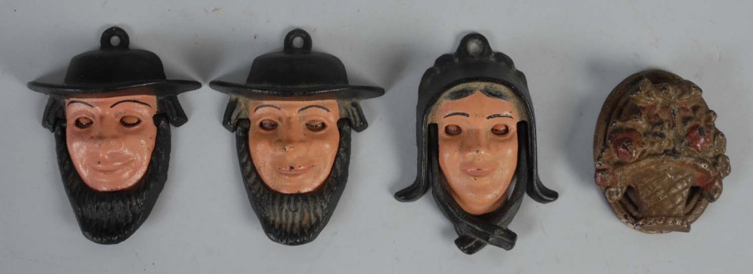 Lot of 4: Assorted Cast Iron Doorknockers.: Includes three Amish by Wilton and a flower basket by Albany Fdry Co. Condition (Very Good). Size Largest: 4 - 1/2" T.
