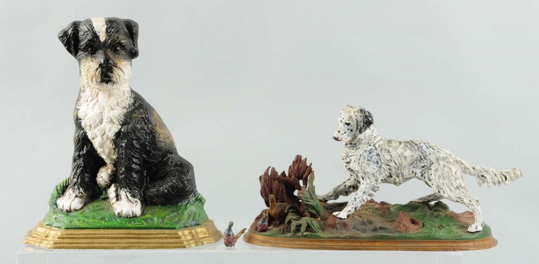 Lot of 2: Doorstop & Mantel Item.: Includes a sitting Terrier doorstop which is contemporary. Also includes a Setter with Pheasants mantel piece. The two pheasants need to be reattached. Condition (Good - Very Good). Size Largest: 13" 