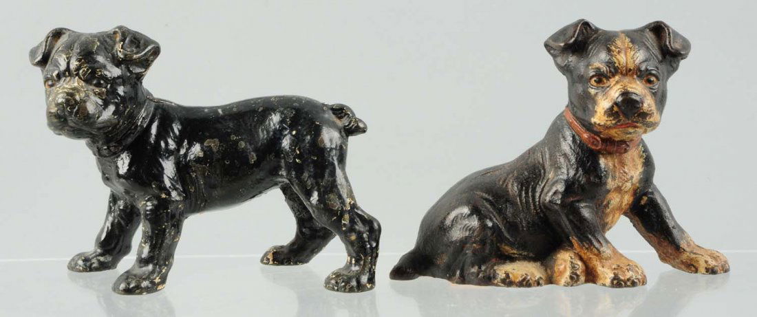 Lot of 2: Cast Iron Boston Terrier Dog Doorstops: Made by Hubley. One standing and has Hubley label. Each have been repainted. Condition (Good). Size Largest: 4 - 1/2" T.