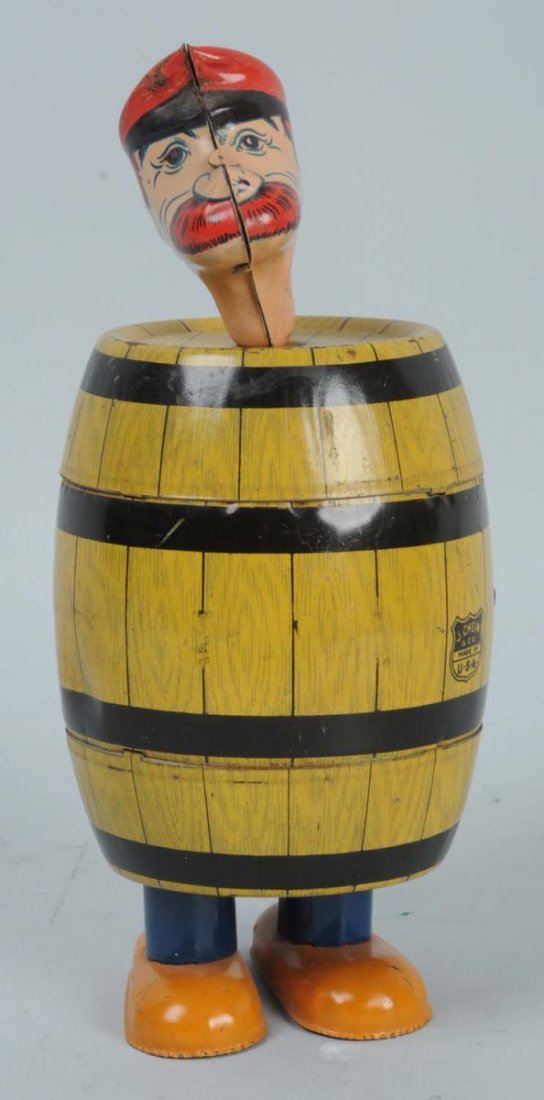 Chein Tin Wind-Up 'Popeye In a Barrel' Toy.: Has some litho scratches throughout and a few dents to the barrel. Otherwise, it has very nice and bright colors. Condition (Very Good - Excellent). Size 7 - 1/2" L.