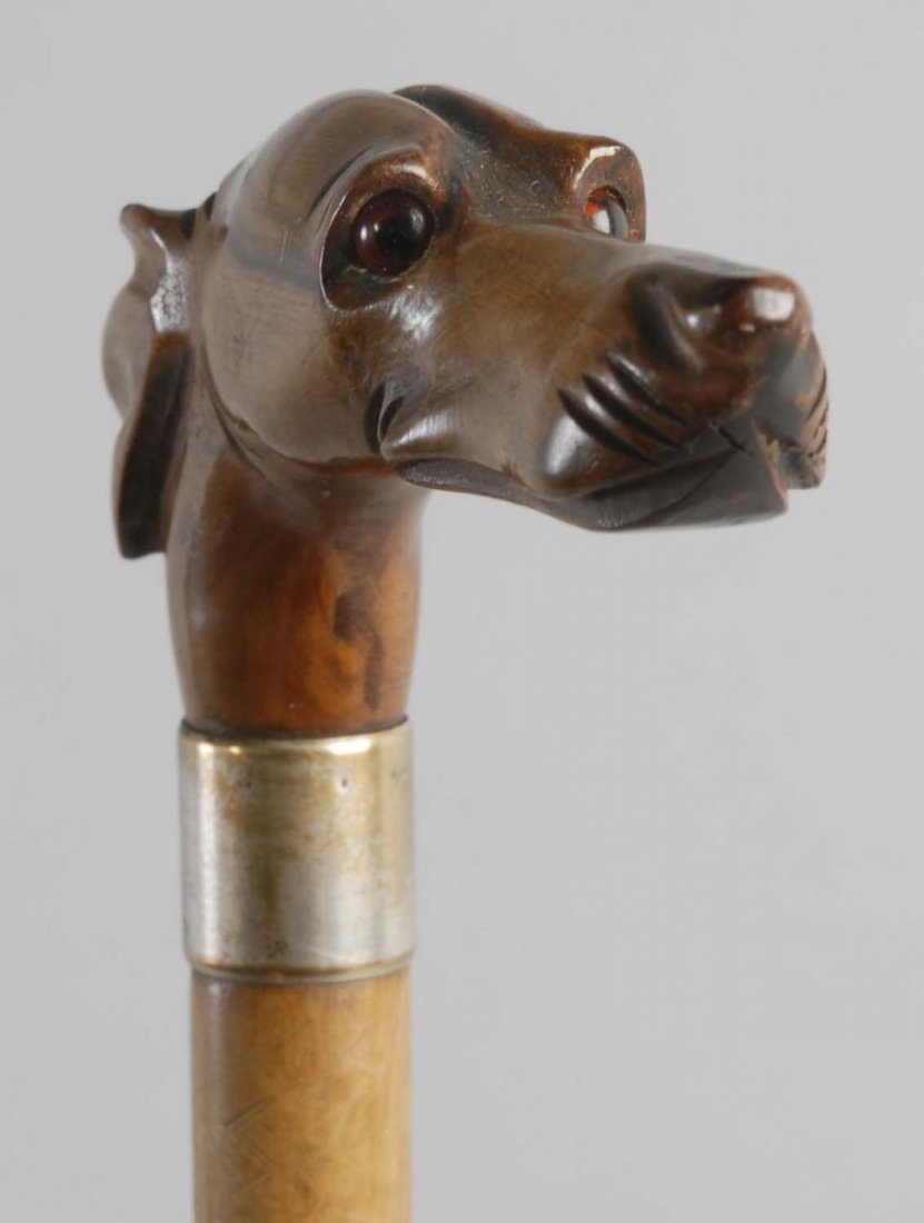 Elegant Rosewood Greyhound Cane.: Very nicely carved walking stick with silver plated collars. The center collar is most likely an old but well done repair. Circa 1885-1900. Condition (Good). Size 35 - 1/2" L.