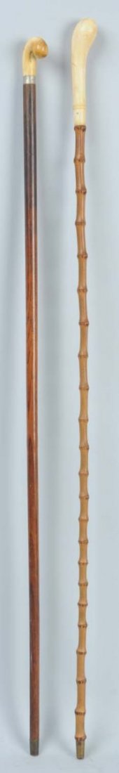 Pair of Thin Ivory Handled Sticks.: Includes an Ivory Pistol grip walking stick mounted on Whangee Bamboo (also known as Pearl Bamboo). Whangee is the most valuable bamboo on earth. It was made famous by Charlie Chaplin. This fine examp