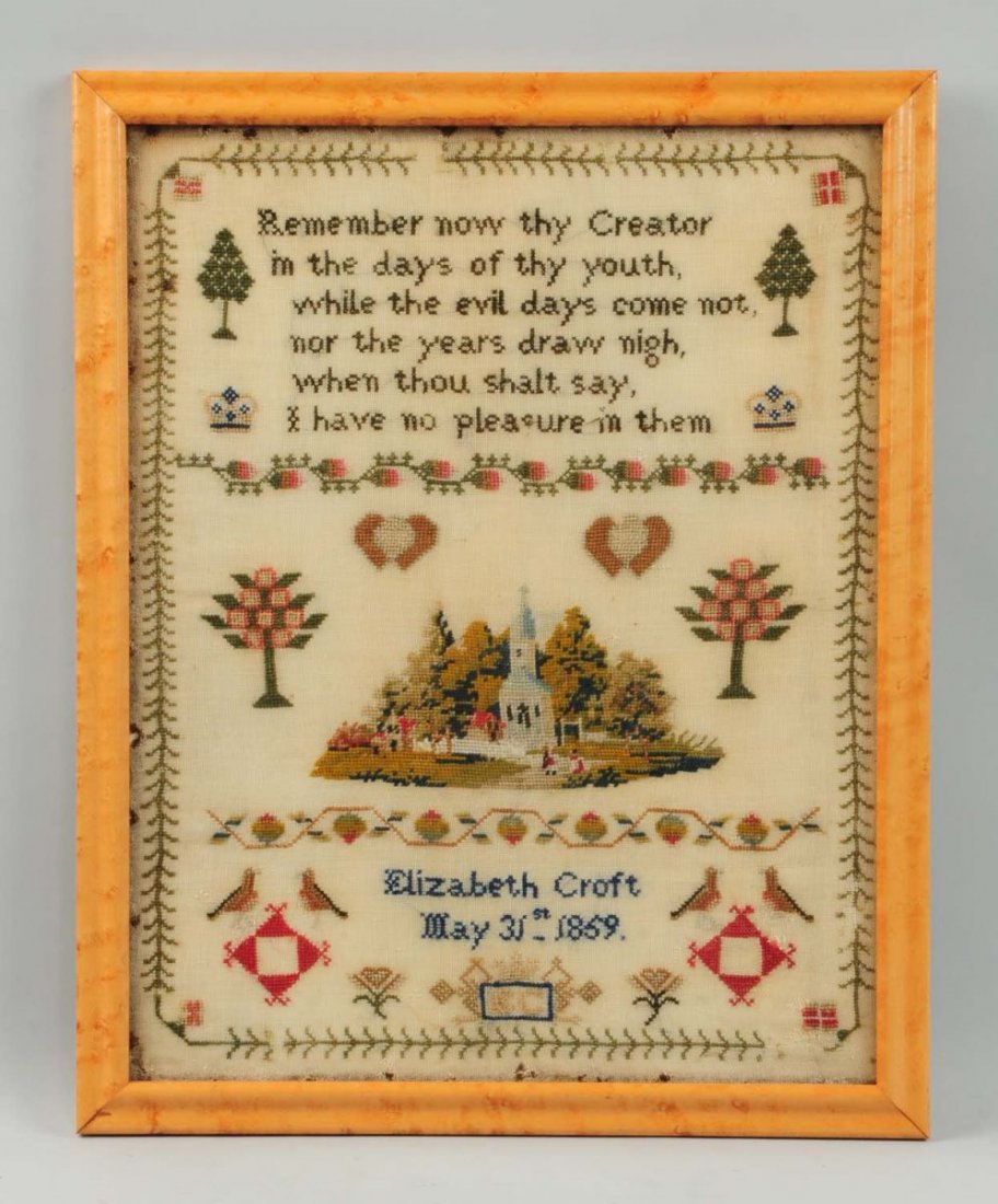 Framed Sampler Dated 1859.: Heavier threads on thin gauze-like linen or other material. Condition (Excellent). Size 17" x 21" .