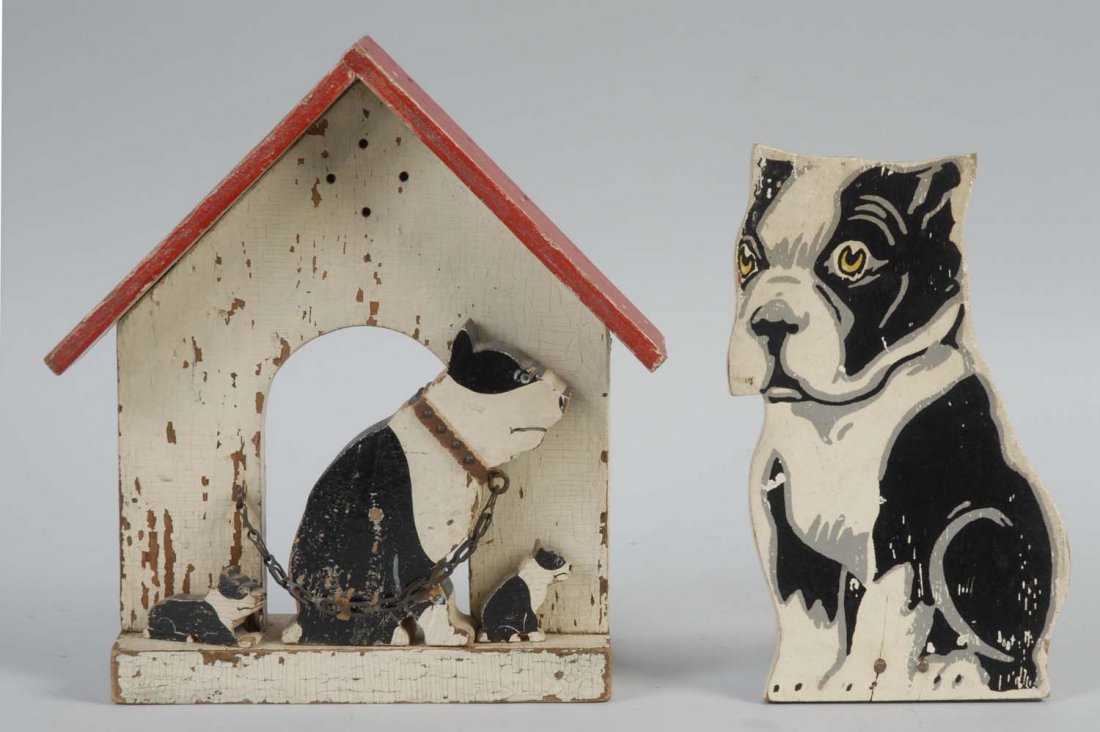 Lot of 2: Wooden Boston Terrier Dog Doorstops.: Includes Boston Terrier with Pups at Doghouse, and sitting Boston Terrier. Condition (Good). Size Largest: 9 - 3/8" T.