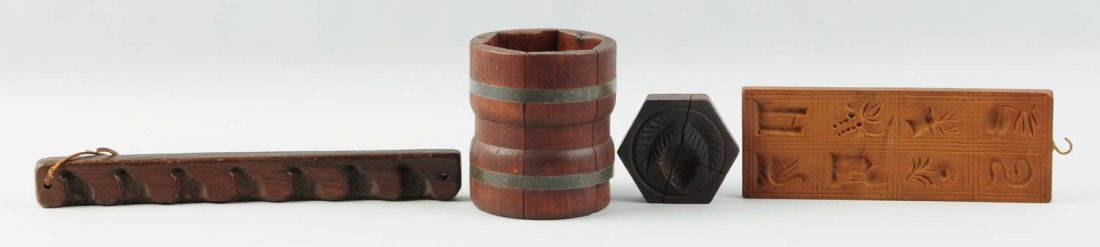 Lot of 3: Wooden Butter Molds.: This lot includes an enclosed butter mold depicting acorns and leaves, a mold depicting small rabbits, and a more modern mold with assorted images. Condition (Very Good). Size Largest : 11 -1/2" L.