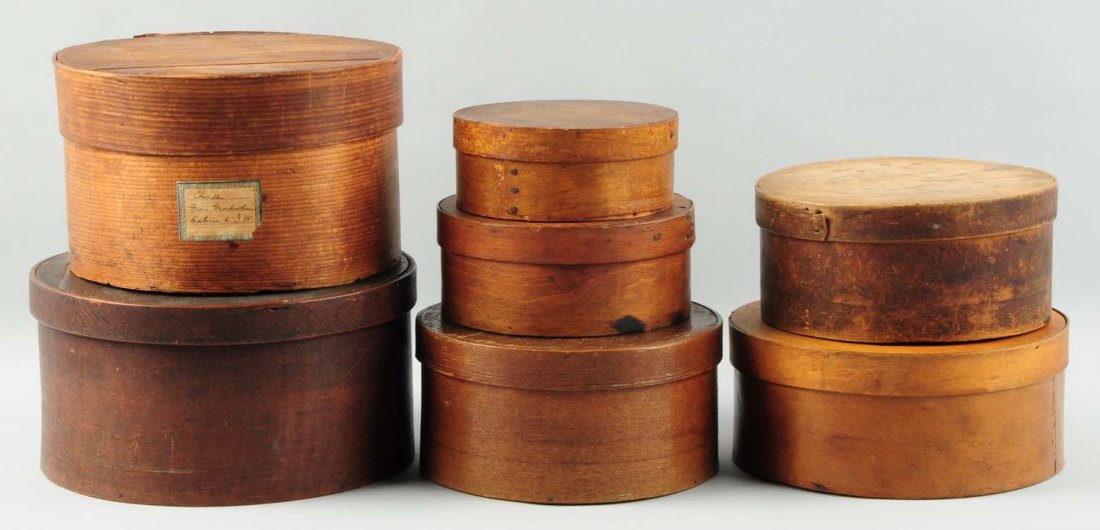 Lot of 7: Round Bent Wood Boxes.: This lot contains a variety of sizes of round bent wood boxes. Condition (Very Good). Size Largest : 5" T.