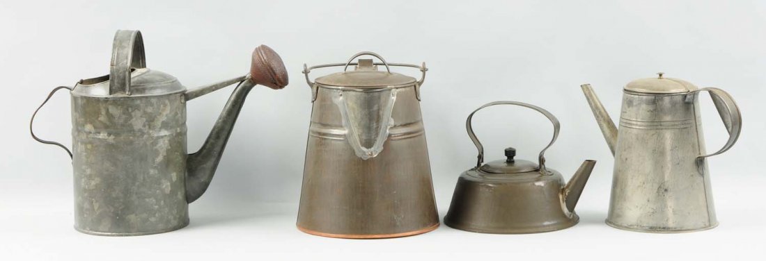 Lot of 4: Tinware Items.: This lot includes a galvanized watering can, a large Kreamer pot with a copper bottom, a coffee pot, and a teapot. Condition (Very Good). Size Largest : 13" L.