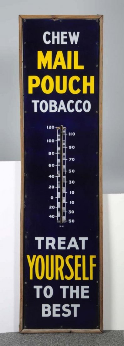 Large Porcelain Mail Pouch Thermometer.: Complete with its original wooden framework. This is a good example with only a few small chips around the tube area and at the edges. The piece is missing the tube. Condition (Excellent). Size 19 - 1