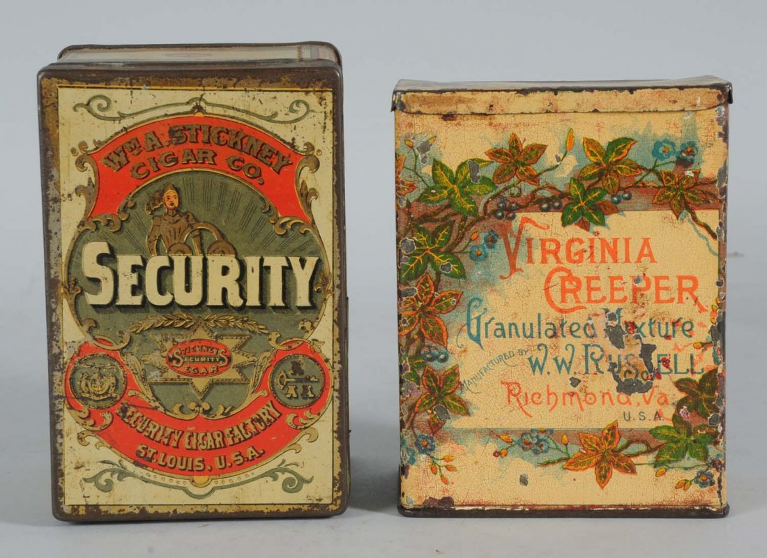 Lot of 2: Square Corner Tobacco Tins.: Two scarce vintage tobacco tins. Security Cigar tin has partial tax stamp/patent on tin Nov 8, 1896 (overall wear on edges); Wm. Stickney Cigar Co., St. Louis and Virginia Creeper Granulated Mixture (