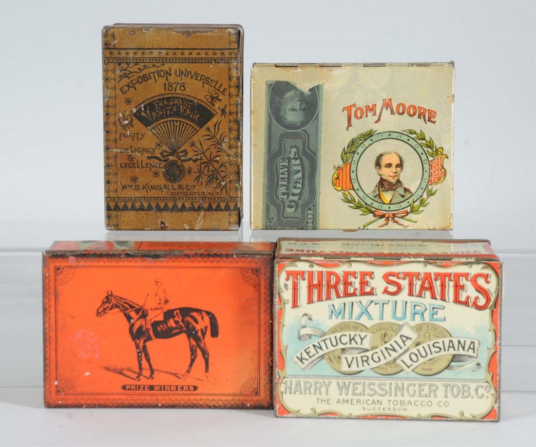Lot of 4: Square Corner Tobacco Tins.: Vintage tins: considered one of the oldest produced, Prize Winner with partial tax stamp - (Wm. Vogel & Bros.), Tom Moore (partial tax stamp and gorgeous inner label), Vanity Fair (classic design by S