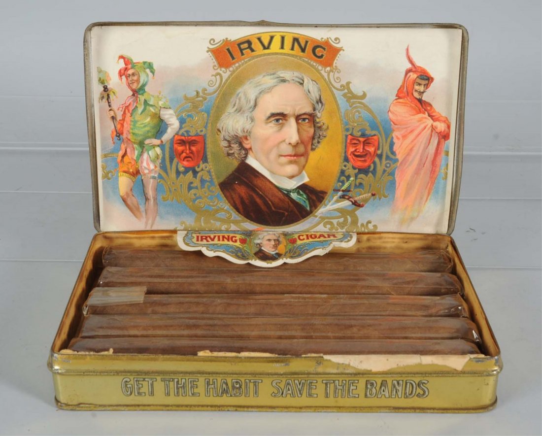 Irving Cigars Tobacco Tin.: Filled with cigars (not original). Colorful label with embossed top and all sides. Thomas Davidson Mfg. Condition (Fine). Size 8 - 1/4" L.