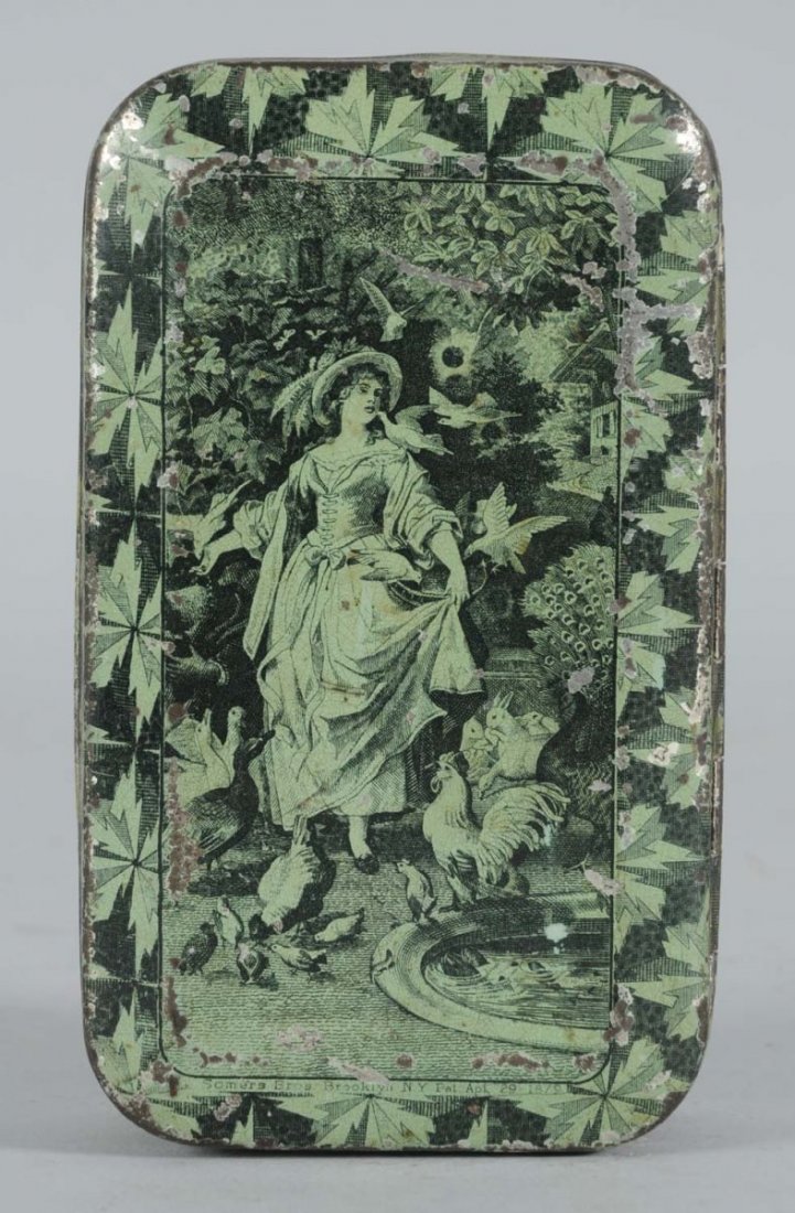 St. Francis Perique Tobacco Tin.: Top pictures victorian woman with rooster and birds. Overall design on top and sides. Bottom has complete full information label. Vintage Somer Bros., Brooklyn mfg. RARE. Condition (Fine). Size 4 - 1/