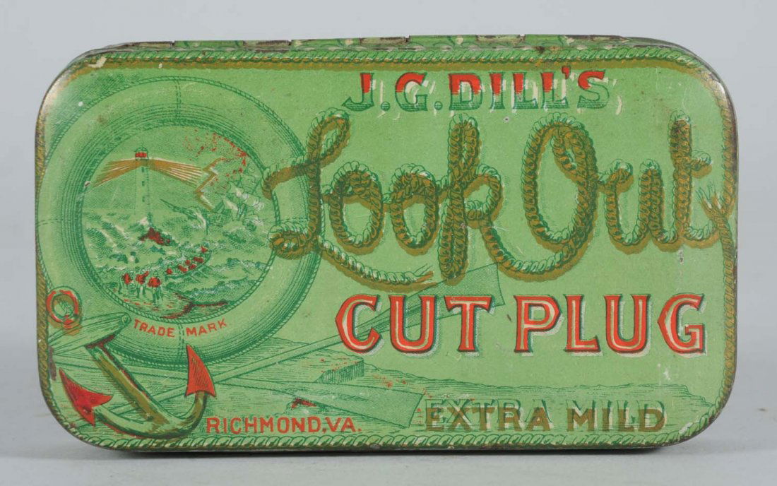 J. G. Dill's Lookout Tobacco Tin.: Cut plug flat pocket tin. Condition (Fine Plus - Near Mint). Size 4 - 1/2" L.