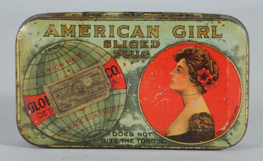 American Girl Tobacco Tin.: Two/sided, flat pocket tin. Same graphic of Classic Victorian lady next to Globe tobacco trademark on both sides. Condition (Excellent Plus). Size 4 - 1/2" L.