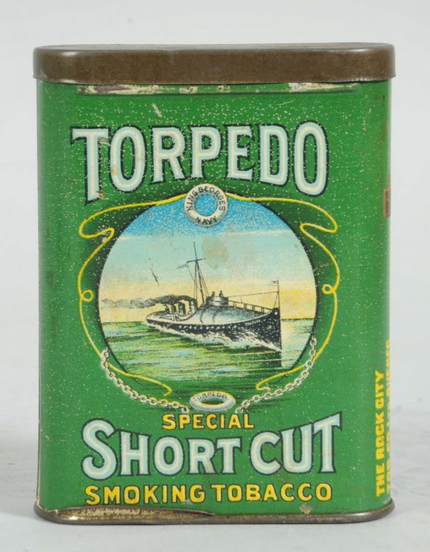 Torpedo Vertical Pocket Tin.: By The Rock City Tobacco Company. This is the Destroyer example. Solid, overall visual appeal. Minimal amounts of wear with just a few light surface scratches and light tarnishing to the lid. Conditio