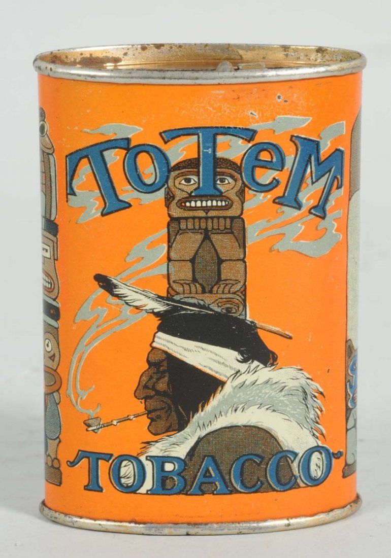 Totem Vertical Pocket Tin.: Outstanding example with super overall color and shine. Displays in almost new condition except for a few minor surface indentations. Condition (Near Mint). Size 4" T.