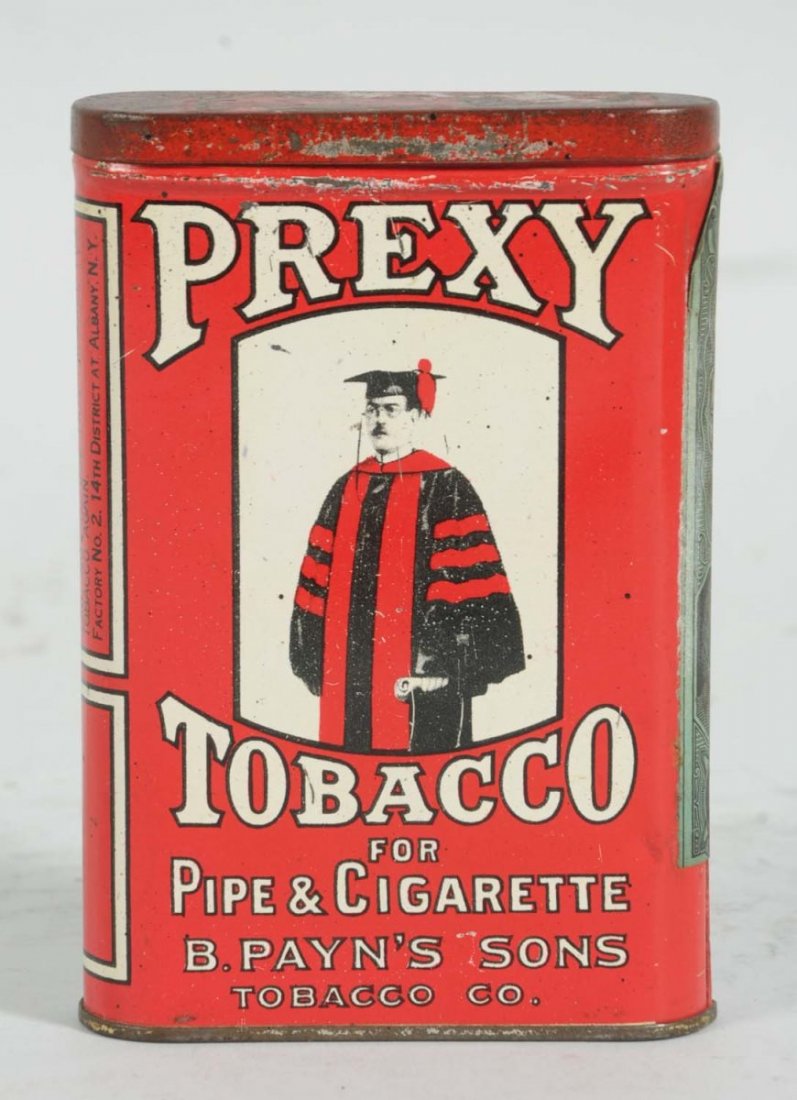 Prexy Vertical Pocket Tin.: By B. Paines Sons. Albany, New York. Harder to find tin in nice overall condition. Has a few minor surface marks on both the front and back and a bit of wear to the lid, but this does not affect the d