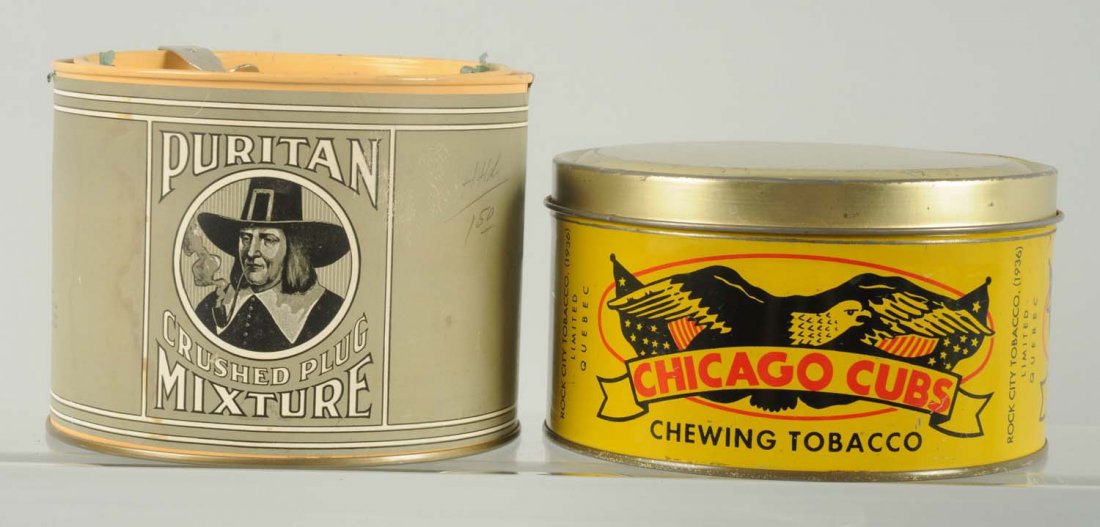 Lot of 2: Tobacco Tins.: Includes Puritan Crush Plug and Chicago Cubs Chewing Tobacco. Nice display piece. Light overall wear.