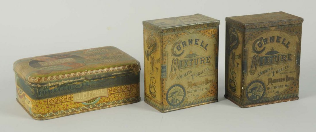 Lot of 3: Tobacco Tins.: Includes two Cornell Mixture and a J.B. Pace scroll cut. Some wear. All three tins appear to be somewhat soiled and could clean up a bit. Condition (Very Good). Size Largest: 6" L.