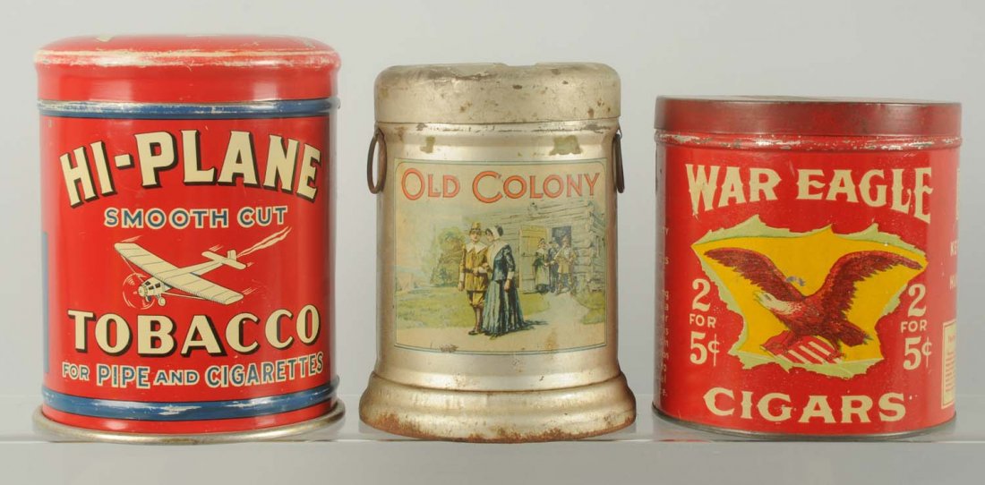 Lot of 3: Tobacco Tins.: Includes Hi-Plane Pipe Tobacco, War Eagle cigars, and Old Colony mixture. Solid condition with minimal wear. Condition (Excellent). Size Largest: 6 - 1/4" T.