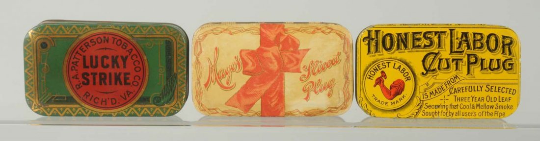 Lot of 3: Tobacco Flat Pocket Tins.: Includes Honest Labor, Lucky Strike and Mayos Sliced Plug. With minimal to very little wear. Condition (Excellent - Near Mint). Size Largest: 4 - 1/2" L.