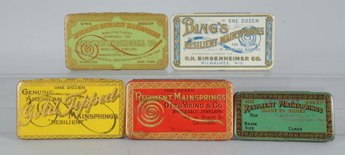 Lot of 6: Mainspring Tins.: Vintage tins with fine graphics; Otto Young, Bing’s, Hitchcock, Very Best and Good Tipped (Waltham plant picture on backside), manufactured by American Can and Haskers & Marcuse Mfg. Condition (Fine