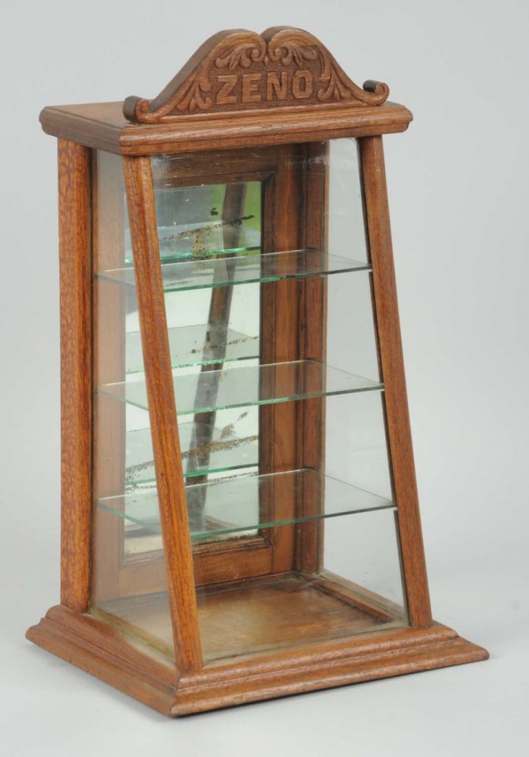 Wooden Zeno Gum Display Case.: A very nice case overall. All glass appears to be original. There is some loss to the mirrored back glass, however. Condition (Very Good). Size 15 1/2" L.