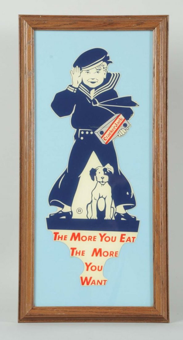Lot of 2: Early Cracker Jack Signs.: This lot includes a nice cardboard diecut sign and a newer diecut that appears to be plastic or celluloid. Both are framed under plexi. Condition (Excellent). Size Largest : 18 - 1/2" x 9".
