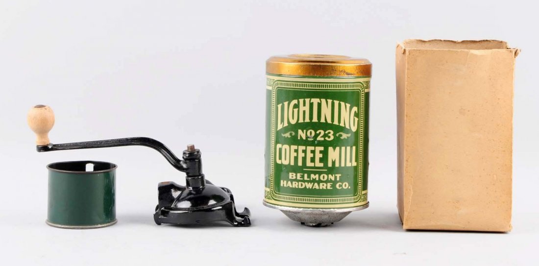 Lightning No. 23 Coffee Mill.: This coffee mill is in great condition overall with little or no damage. The tin reservoir top is beautiful. The cast iron parts appear to never have been used. Condition (Excellent). Size 7" T.