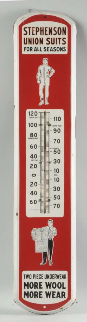 Stephenson Union Suits Porcelain Thermometer.: This thermometer has just a few scratches along the edges, but the overall surface is very nice and clean picturing one man in a Union suit and another man holding up his woolen underwear. Condition (