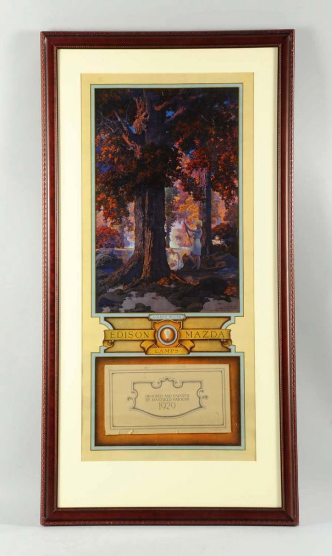 1929 Edison Mazda Maxfield Parrish Large Calendar: Framed and matted under glass, with a few small marks and scratches and edge tears on the calendar pad cover page. Titled “Golden Hours”. Condition (Excellent). Size 49" x 25" L.