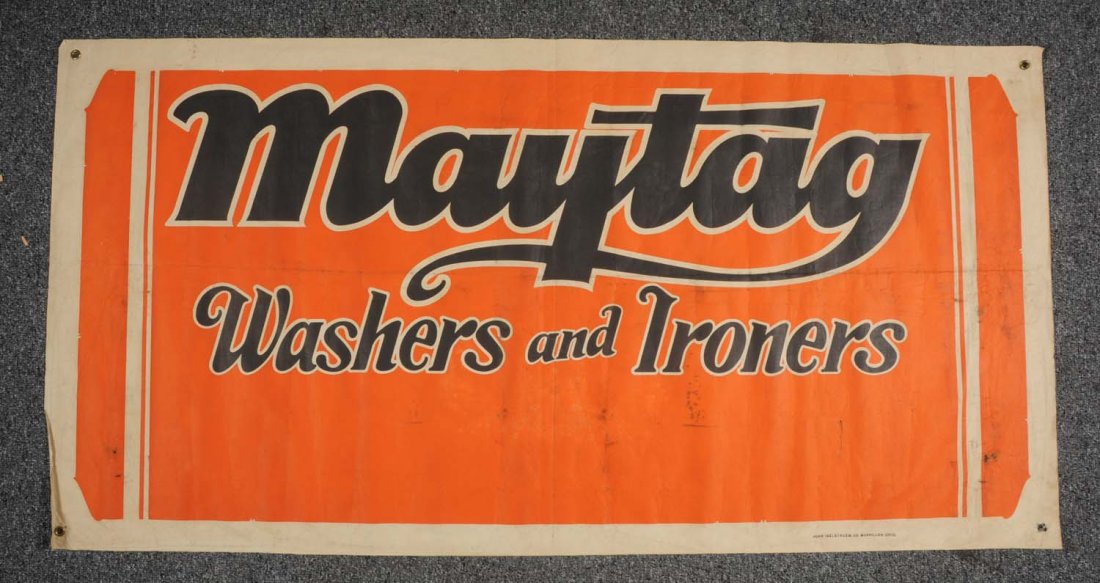 Maytag Showroom Linen Banner.: Colorful Maytag Washer and Ironers black, white and orange banner. Two small holes near edge, otherwise, fine with original metal grommets for hanging. Condition (Fine Plus). Size 59 - 1/2" L.