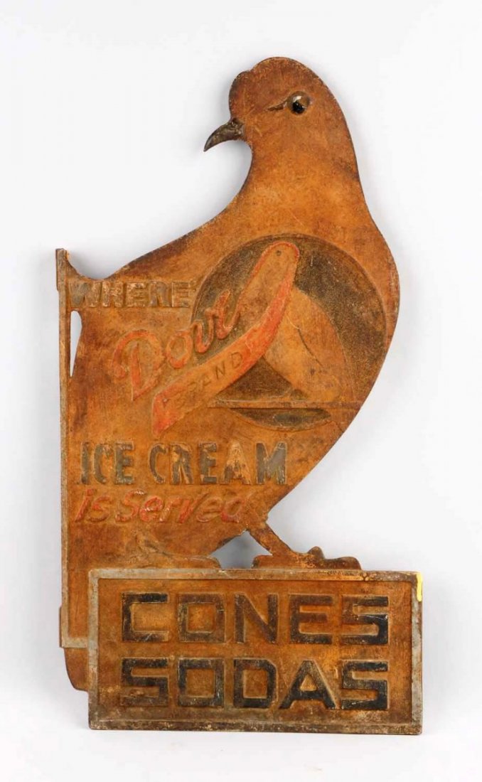 Unique Rare Dove Ice Cream Cast Iron Flange Sign.: Very heavily made and highly embossed item. With original paint surface remaining. The sign is soiled and weathered with some overall darkening and surface rust especially on one side. Beautifully mad