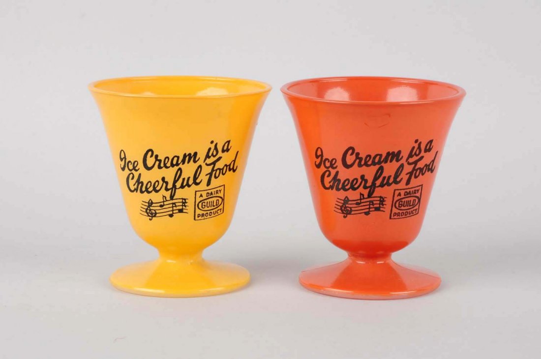 Lot of 2: Small 1930s Ice Cream Cups.: Fired milk glass with applied black lettering. No wear. Condition (Near Mint). Size Each: 3 - 1/2" T.