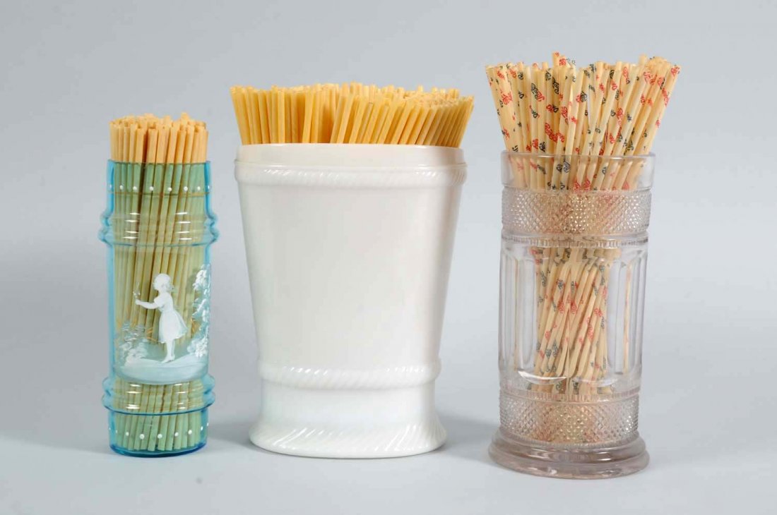 Lot of 3: Assorted Early Glass Straw Holders.: All are without lids. Clear glass piece has a few smaller base chips. Other pieces exhibit little to no wear. Condition (Excellent - Near Mint). Size Largest: 8 - 1/4" T.