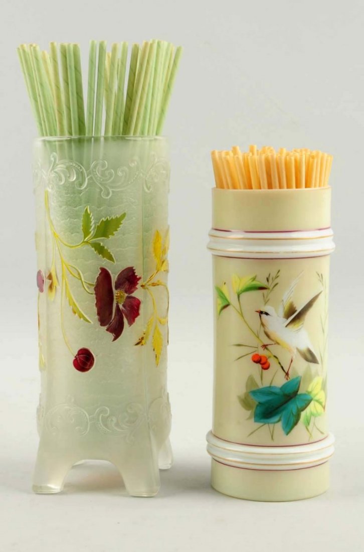 Lot of 2: Early Decorative Glass Straw Holders.: Beautiful highlights on both pieces with little over all wear. Condition (Near Mint). Size Largest: 9" T.