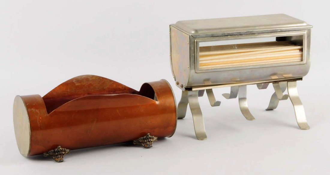 1890s and 1912 Straw Holders.: One is nickel, the other hammered copper. Light wear only, on either. Condition (Near Mint). Size Largest: 10 - 1/4" L.