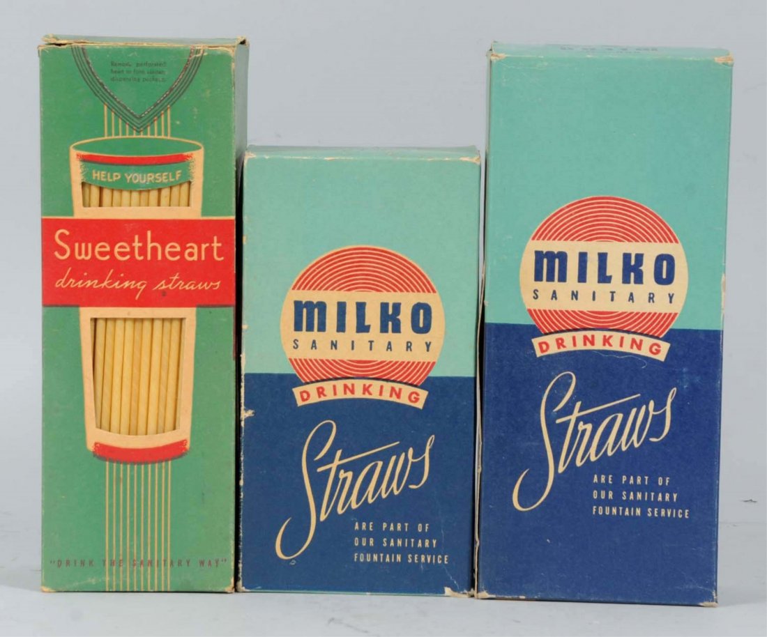 3 Assorted 1930s-1940s Straw Boxes.: Full, with little wear. Condition (Near Mint). Size Largest Box: 10 - 3/4" T.