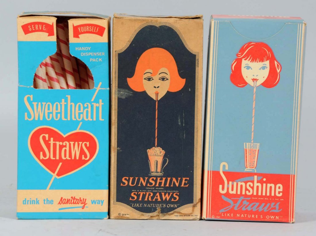 3 1930s-1950s Straw Boxes.: Two earliest are full, Latest half full. Moderate wear, marks, soiling on the early box. Condition (Very Good - Near Mint). Size Each Box: 8 - 1/2" T.