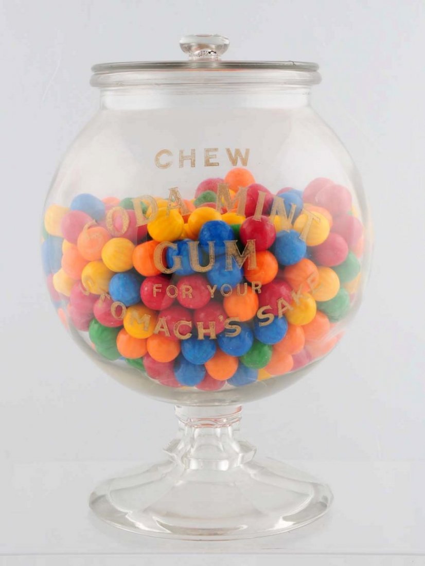 Gum Candy Jar.: "Chew Soda Mint Gum For Your Stomach's Sake" jar with a pedestal base. Condition (Near Mint). Size 13" T.