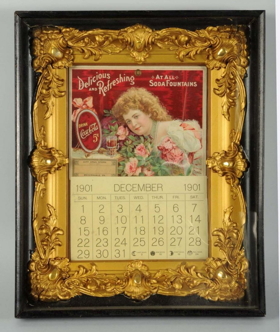 Rare & Beautiful 1901 Coca-Cola Calendar.: Nicely presented in an attractive shadow box frame assembly. The piece is currently shown with a reproduction December page, but includes an authentic August page. Also, this calendar originated from 