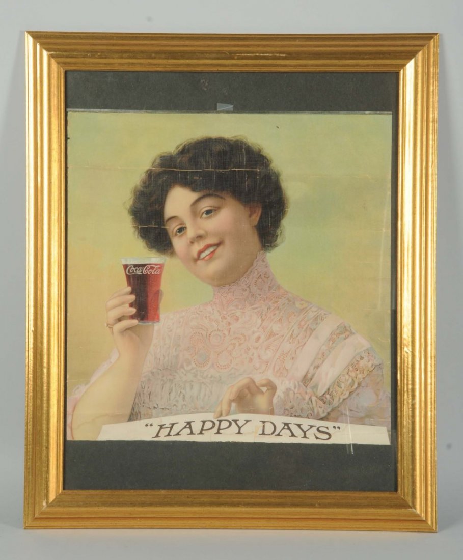 1910 Coca-Cola Large Format Calendar Top.: Retains the original metal strip up top, but has been trimmed at the bottom. The remaining color is good and the girl is beautiful. A few light stains and numerous roll marks with some color interrupt