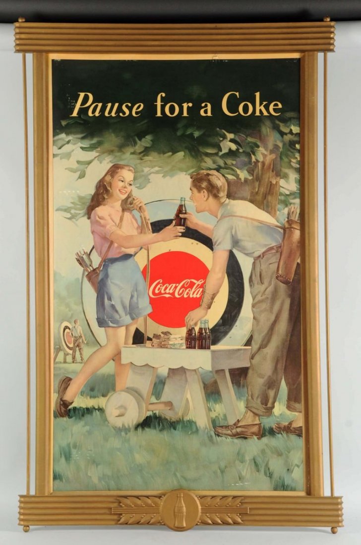 1948 Coca-Cola Large Cardboard Poster.: Complete with gold Kay frame and displaying well, with slight fading and mild surface rubs. A few small marks and a small closed punch near top border. Condition (Very Good Plus). Size 30" x 50" L .