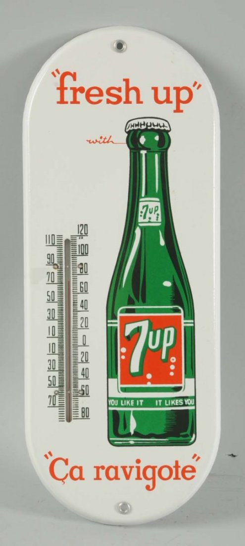 7Up Porcelain Advertising Thermometer.: This thermometer is in tremendous condition. Probably never used. Condition (Near Mint).