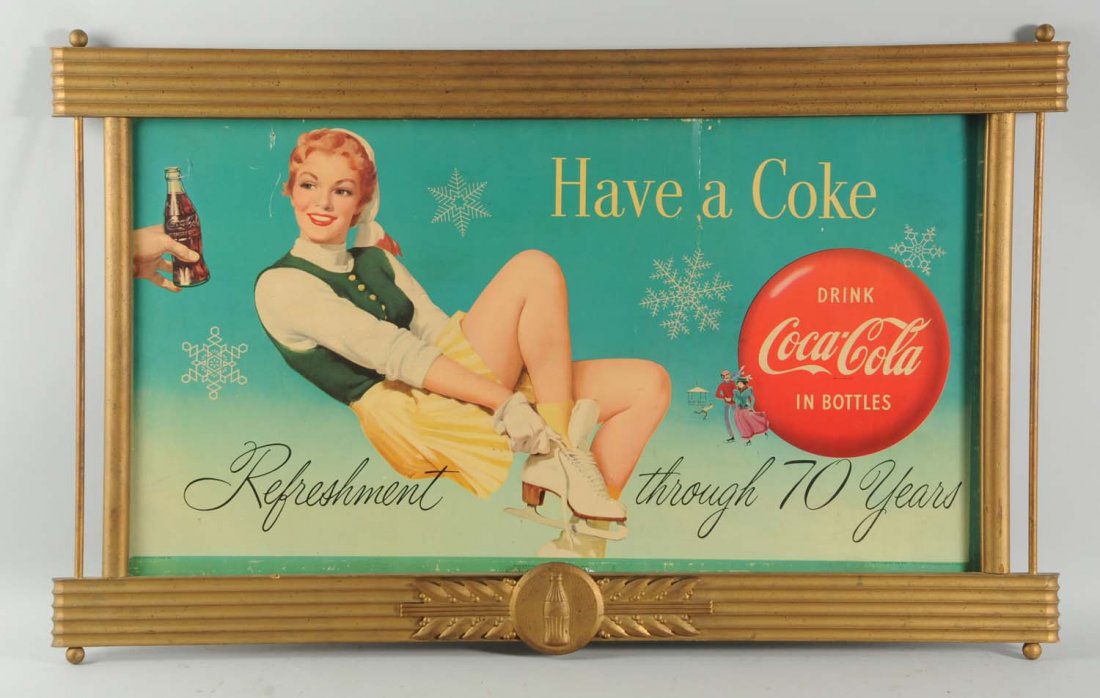 Coca-Cola Cardboard Two-Sided Sign & Kay Frame.: Both sides of this sign have some minor scratching and light soiling. Framed in a Coca-Cola period frame. Condition (Very Good). Size 39 -1/2" x 25 ".