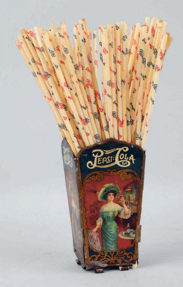 1909 Pepsi-Cola Tin Litho Straw Holder.: Great looking surviving colors overall, with a few very shallow dents and marks. The piece also displays some paint chips and mild bends at base area with a nail hole at top center on one panel. Displ