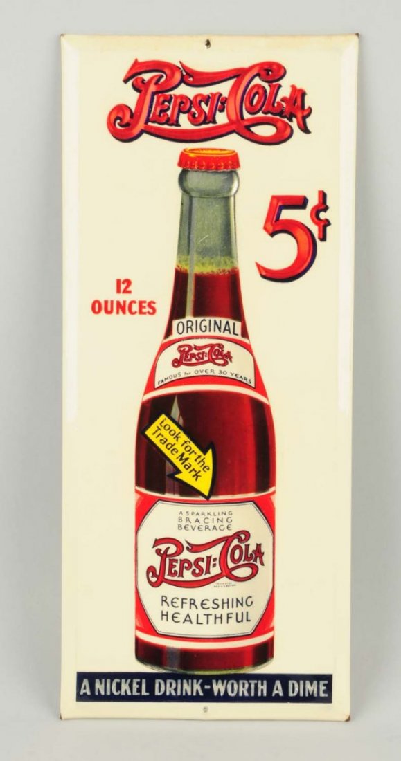 1930s Pepsi Cola Celluloid Over Tin Sign.: As good as this sign comes with just lightest of soiling and any miniscule wear! Condition (Near Mint). Size 12 - 1/4" x 5 - 1/4".